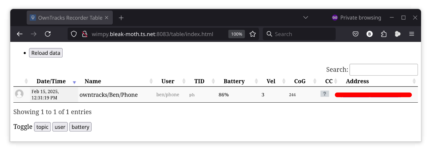 OwnTracks Recorder Location
Table